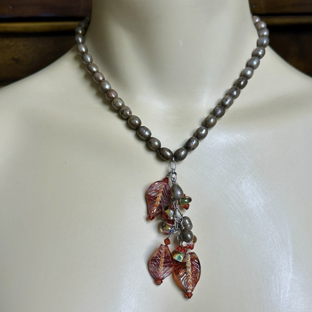 VTG Pendant Necklace 18‎ Inch Cultured Pearls Slag Art Glass 925 Sterling 36.0g